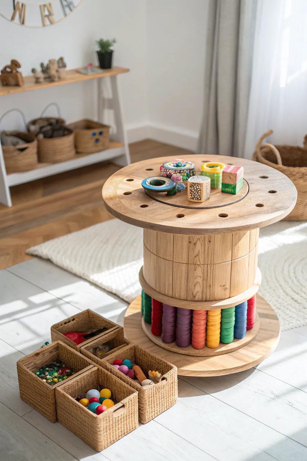Organize with charm: Discover the beauty of a wooden spool toy storage solution.