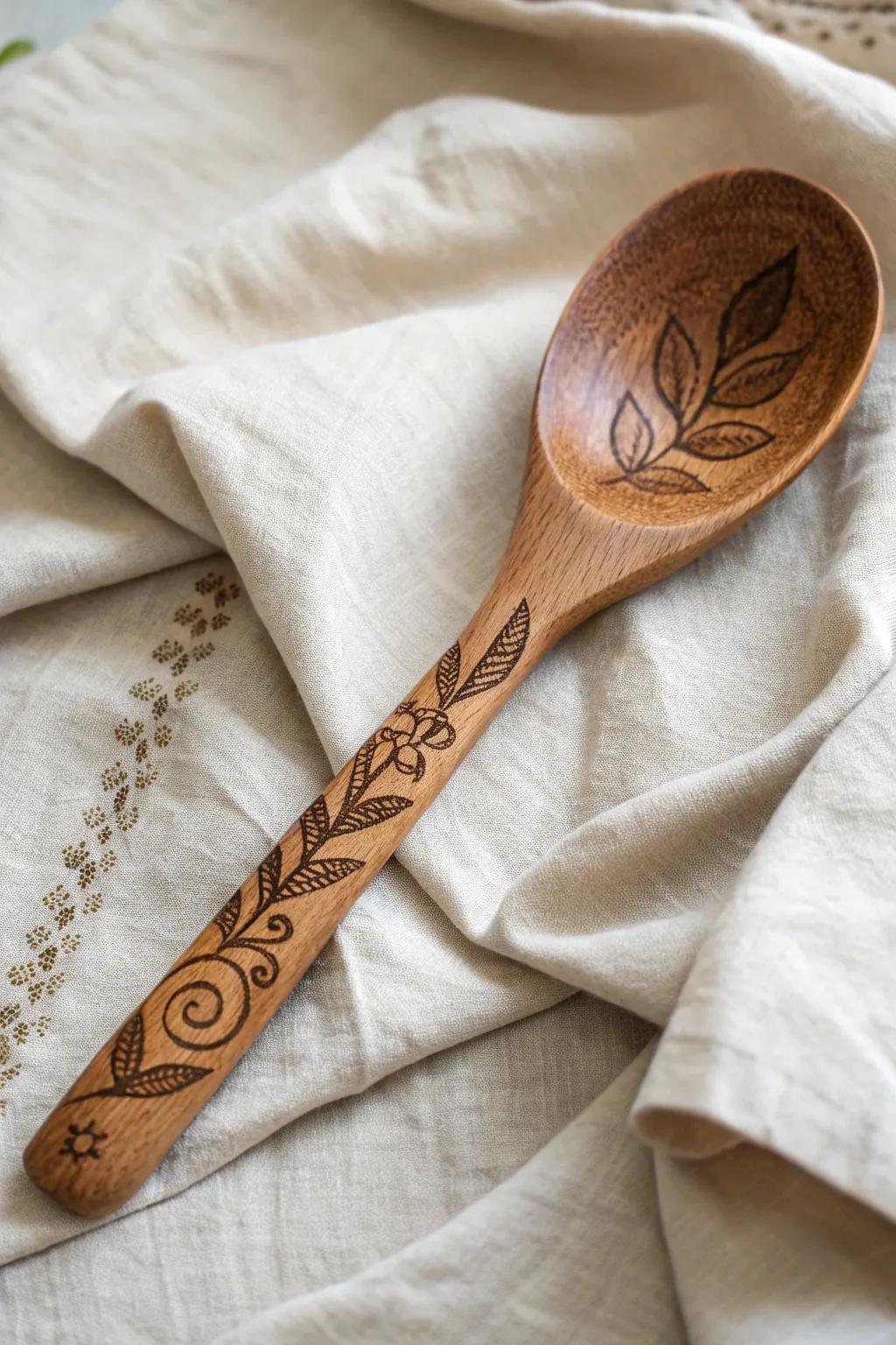 Discover the art of wood burning: Transform simple spoons into sophisticated works of art with delicate leaf and spiral motifs.