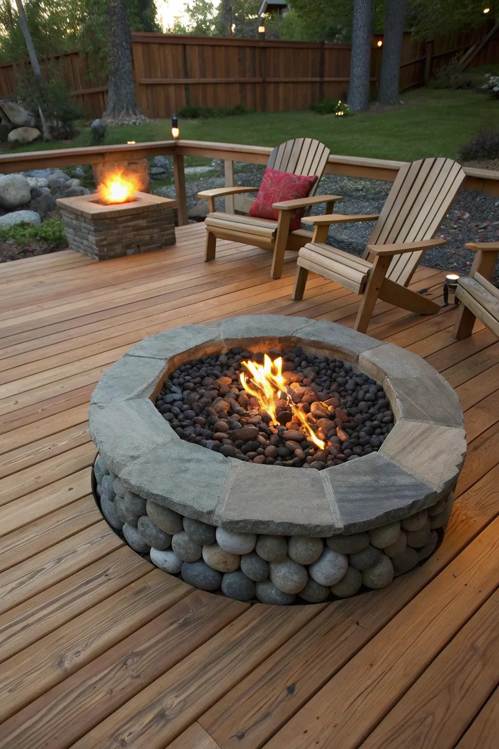 Transform your deck into a cozy retreat with a stunning stone fire pit—where craftsmanship meets comfort.