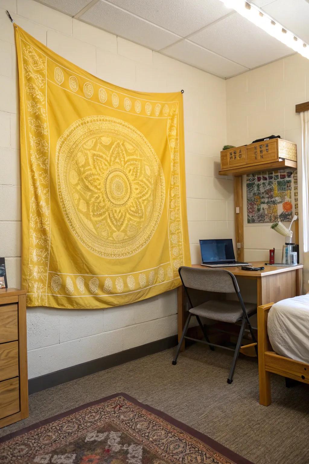 A yellow tapestry brings a boho touch to your dorm room.