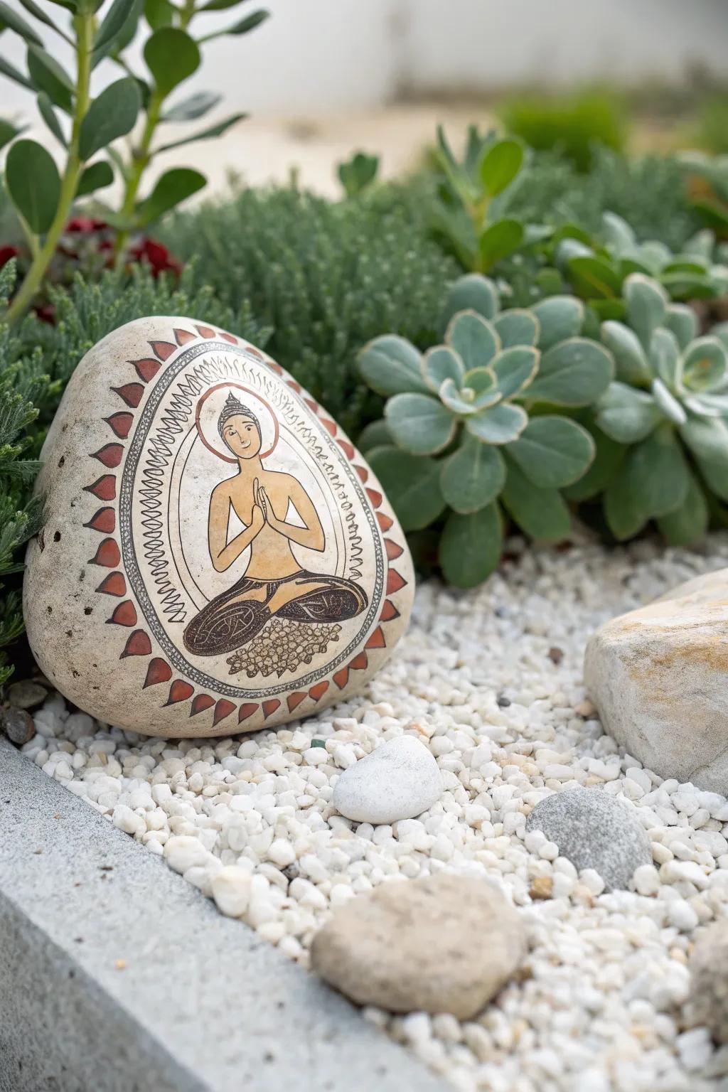 Embrace mindfulness with beautifully painted yoga rocks in your outdoor sanctuary.