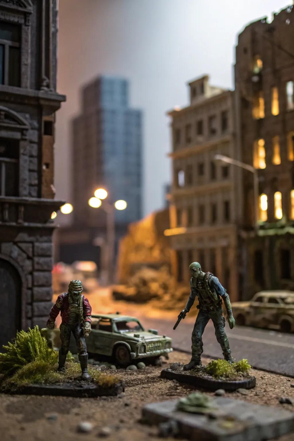 Immerse yourself in a world of chaos with this intricately designed zombie apocalypse diorama - a testament to the art of miniature craftsmanship.