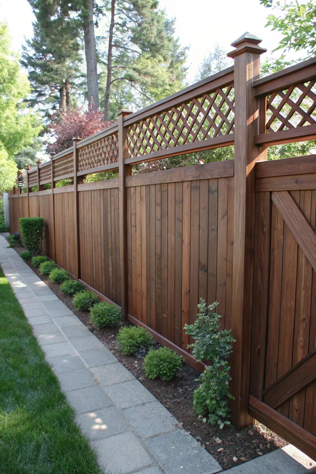 Elevate your outdoor space with a stylish privacy fence featuring a charming lattice top.