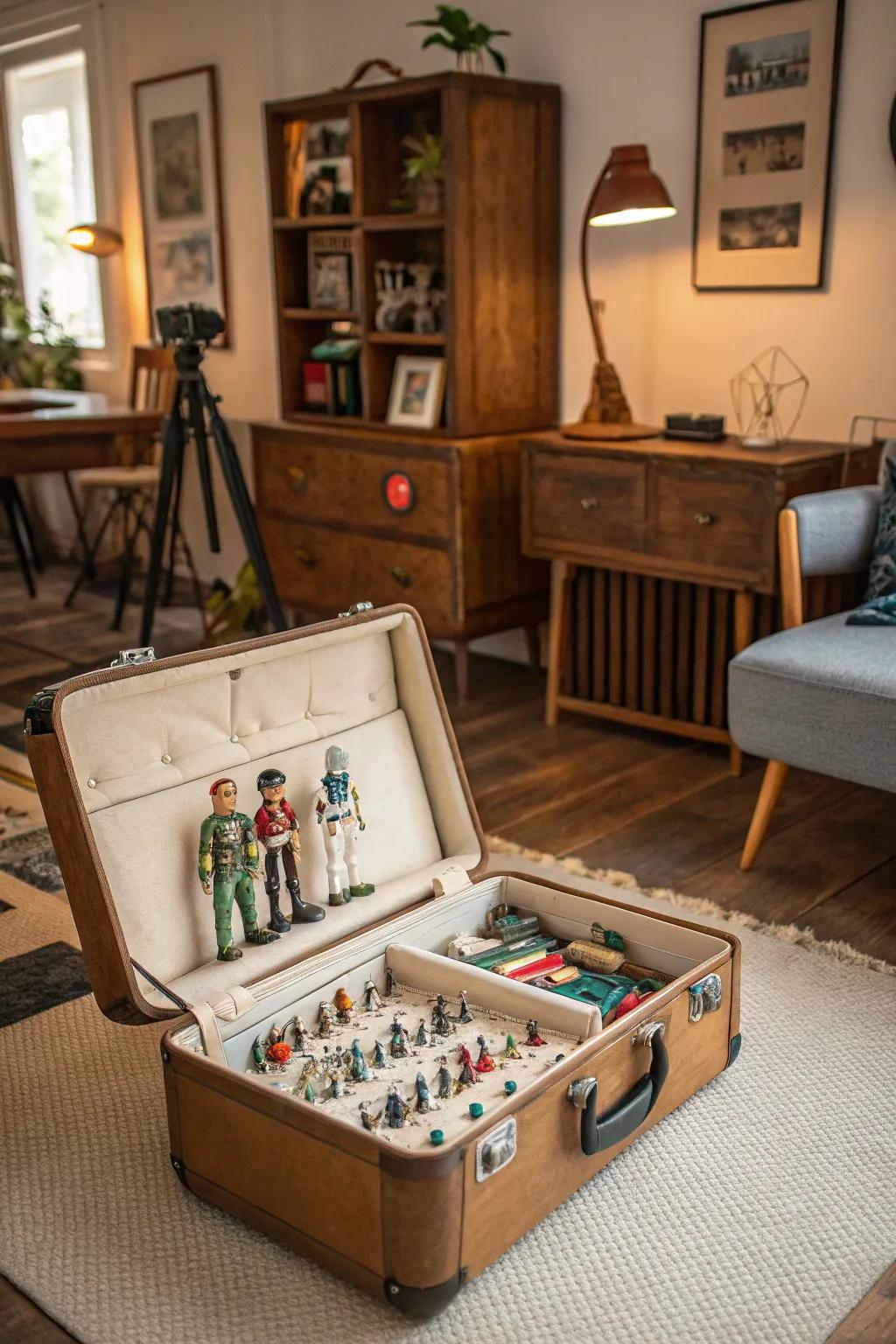 Vintage suitcases offer retro charm and practical storage.