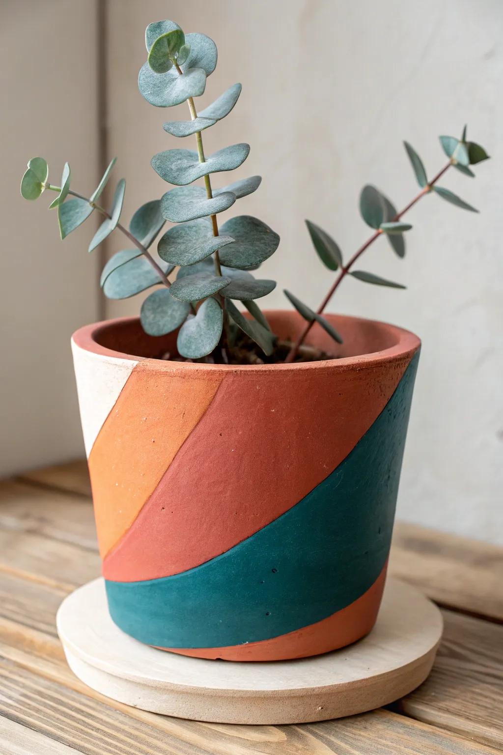 Elevate your decor with a handcrafted color-blocked clay pot, where simplicity meets bold elegance.