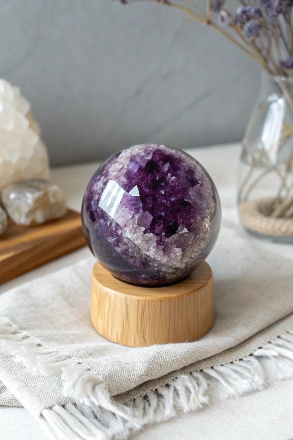 Enchant your space with the mesmerizing allure of an amethyst sphere, where nature's artistry meets minimalist elegance.