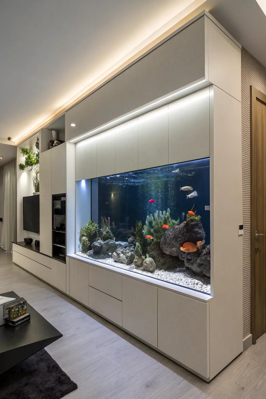 An aquarium seamlessly integrated into a wall unit adds elegance to any room.