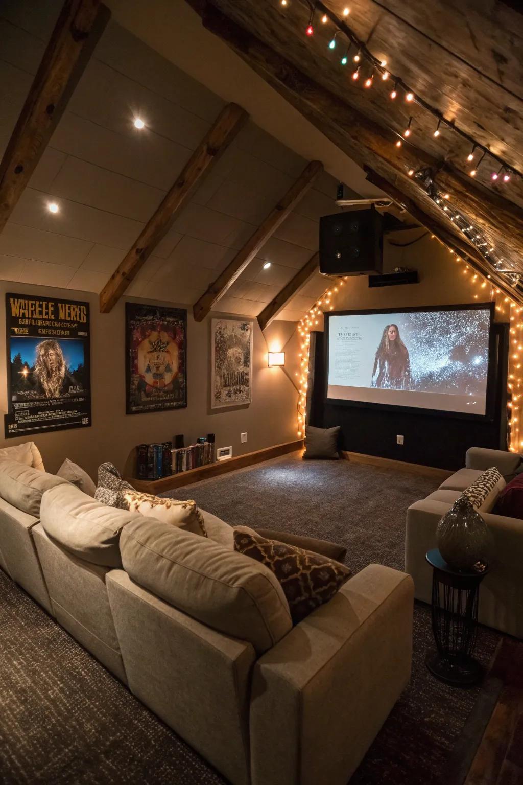 An immersive home theater experience in the attic.