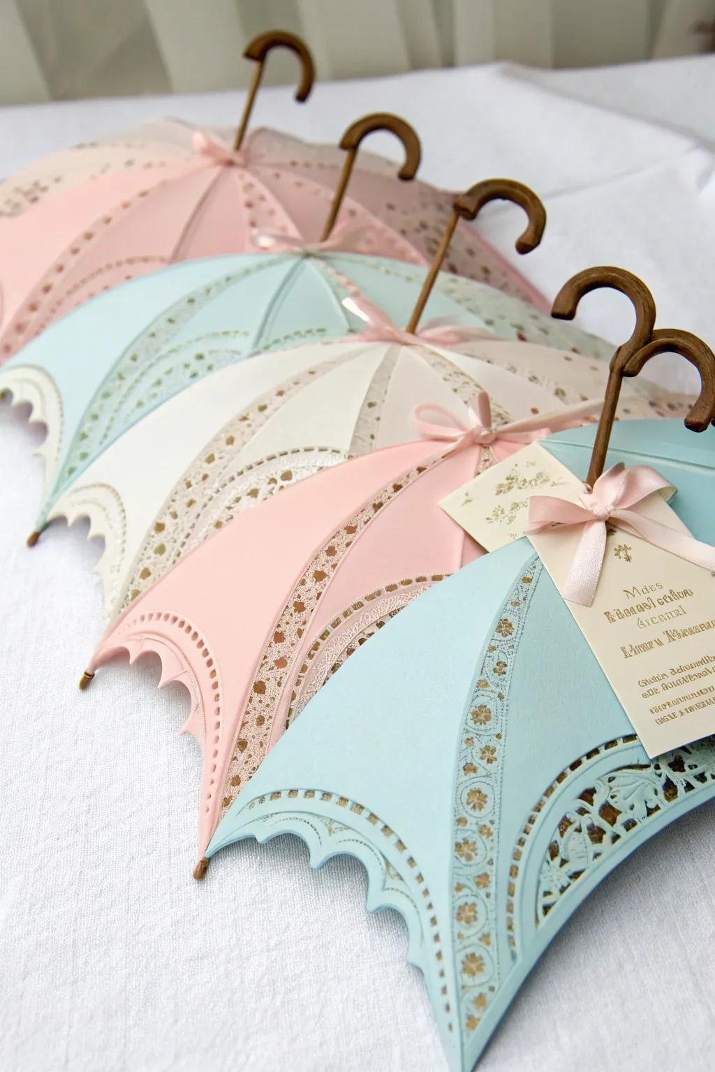 Umbrella invitations give a hint of the theme to come.