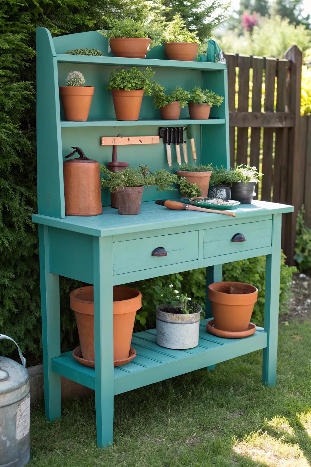 Transform your backyard with this stunning upcycled potting bench – where simplicity meets bold elegance.