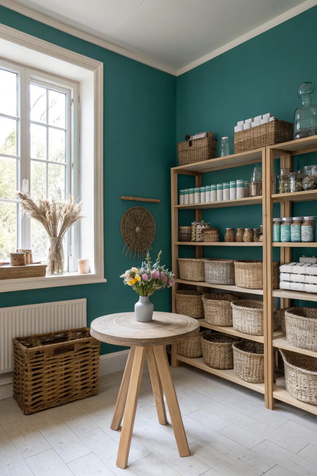 A bold teal accent brings life and energy to this minimalist craft haven, where simplicity meets vibrant creativity.