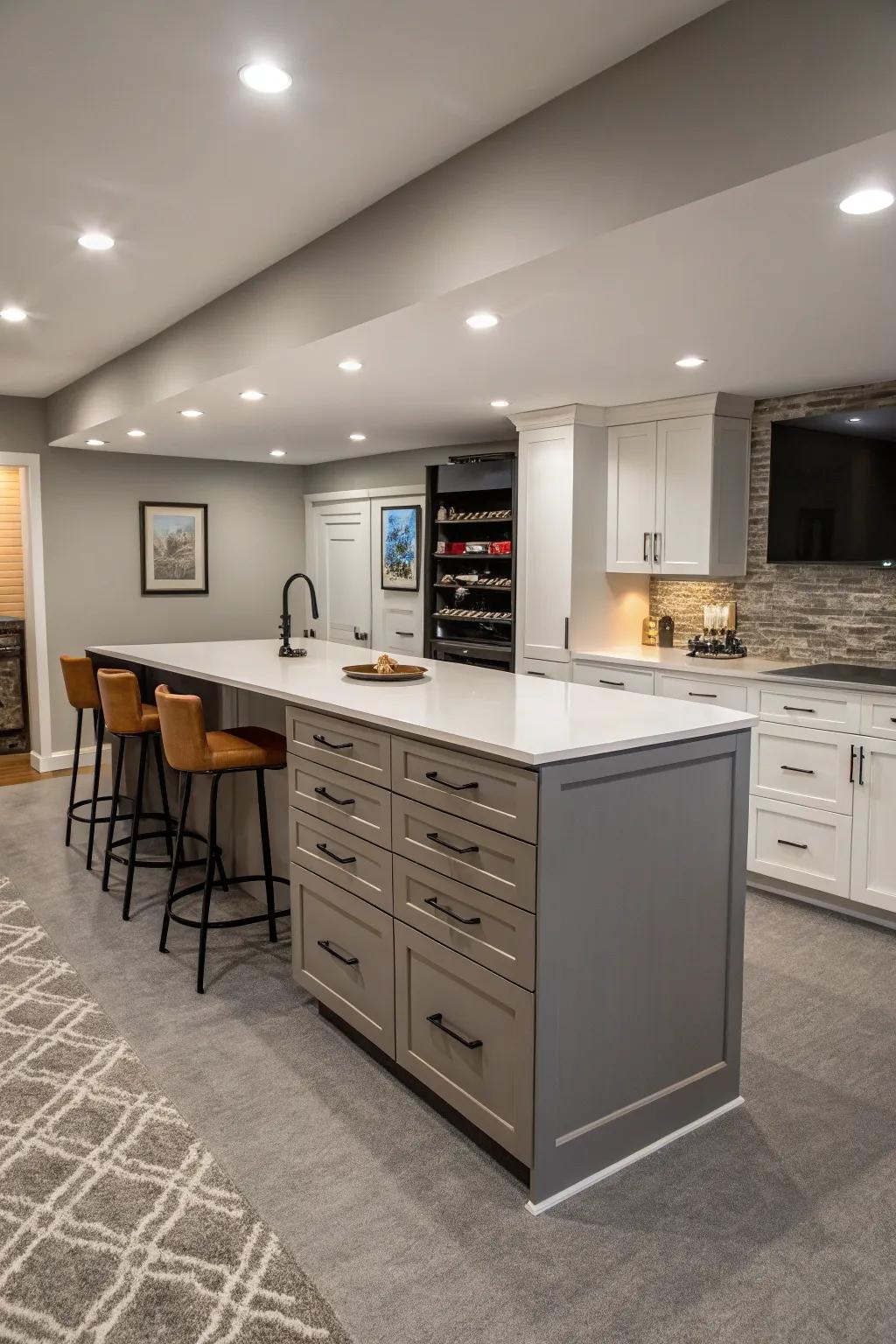 Clever storage solutions keep your basement island organized and stylish.