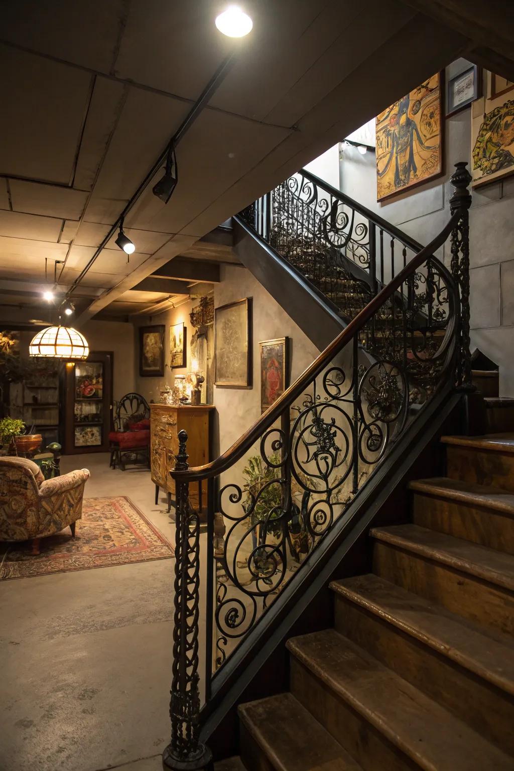 Artistic iron railings serve as both functional elements and captivating art.