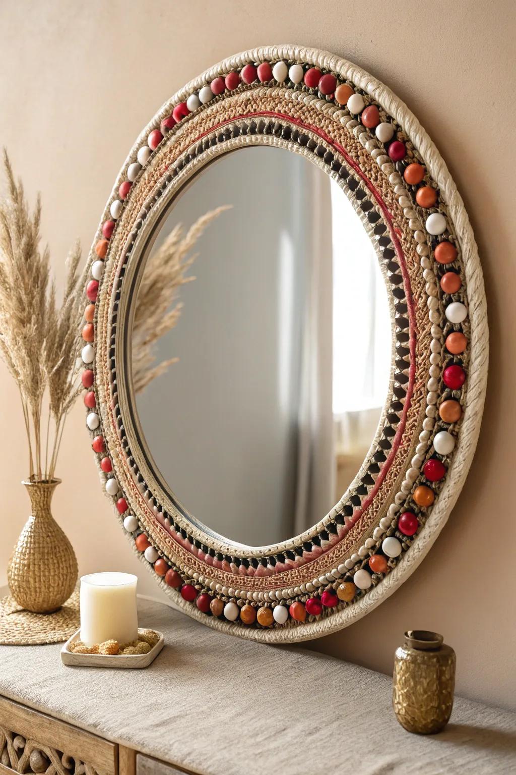Elevate your space with a bead-embellished mirror—a perfect blend of bold colors and minimalist elegance.