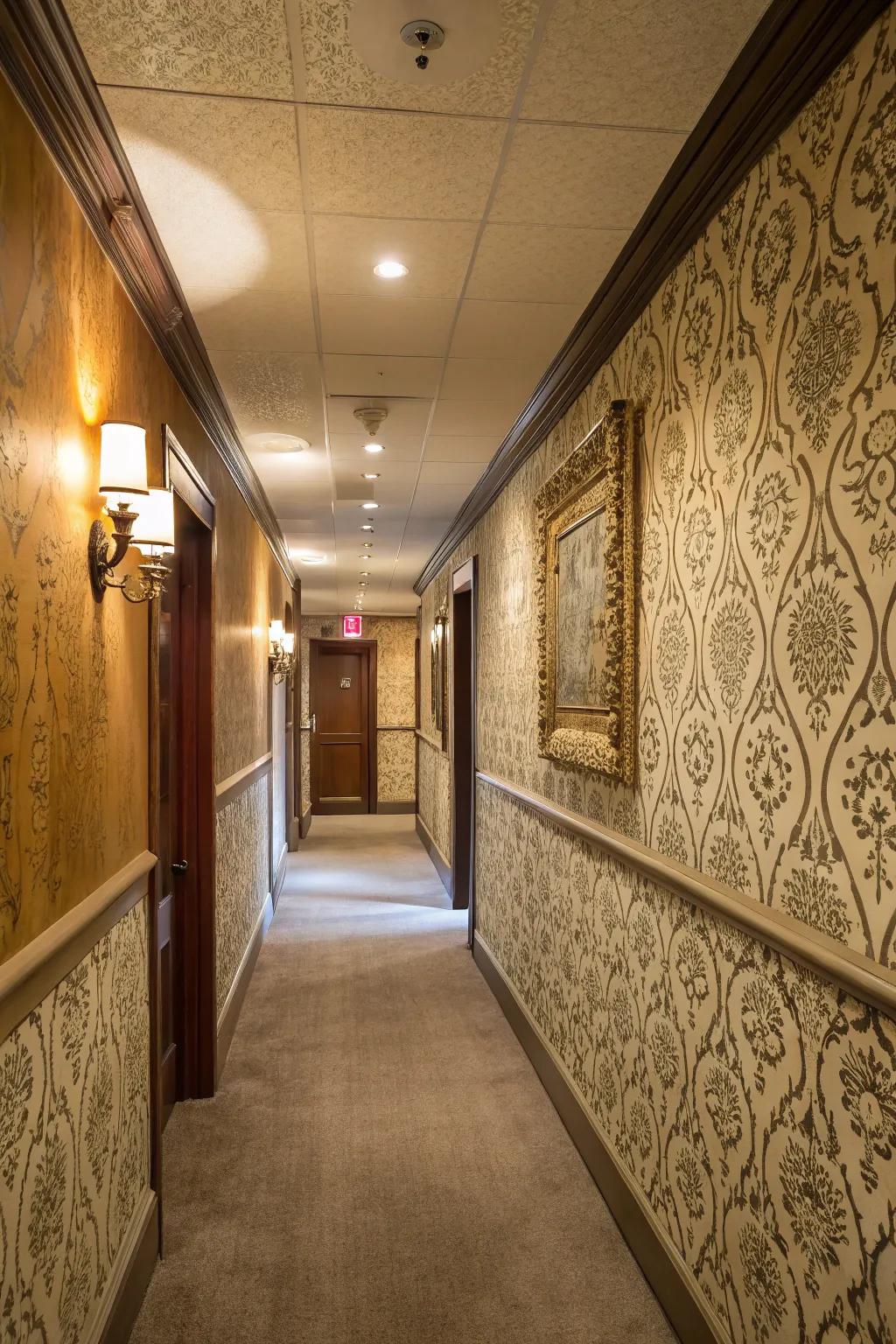 Textured wallpaper introduces personality to the hallway.