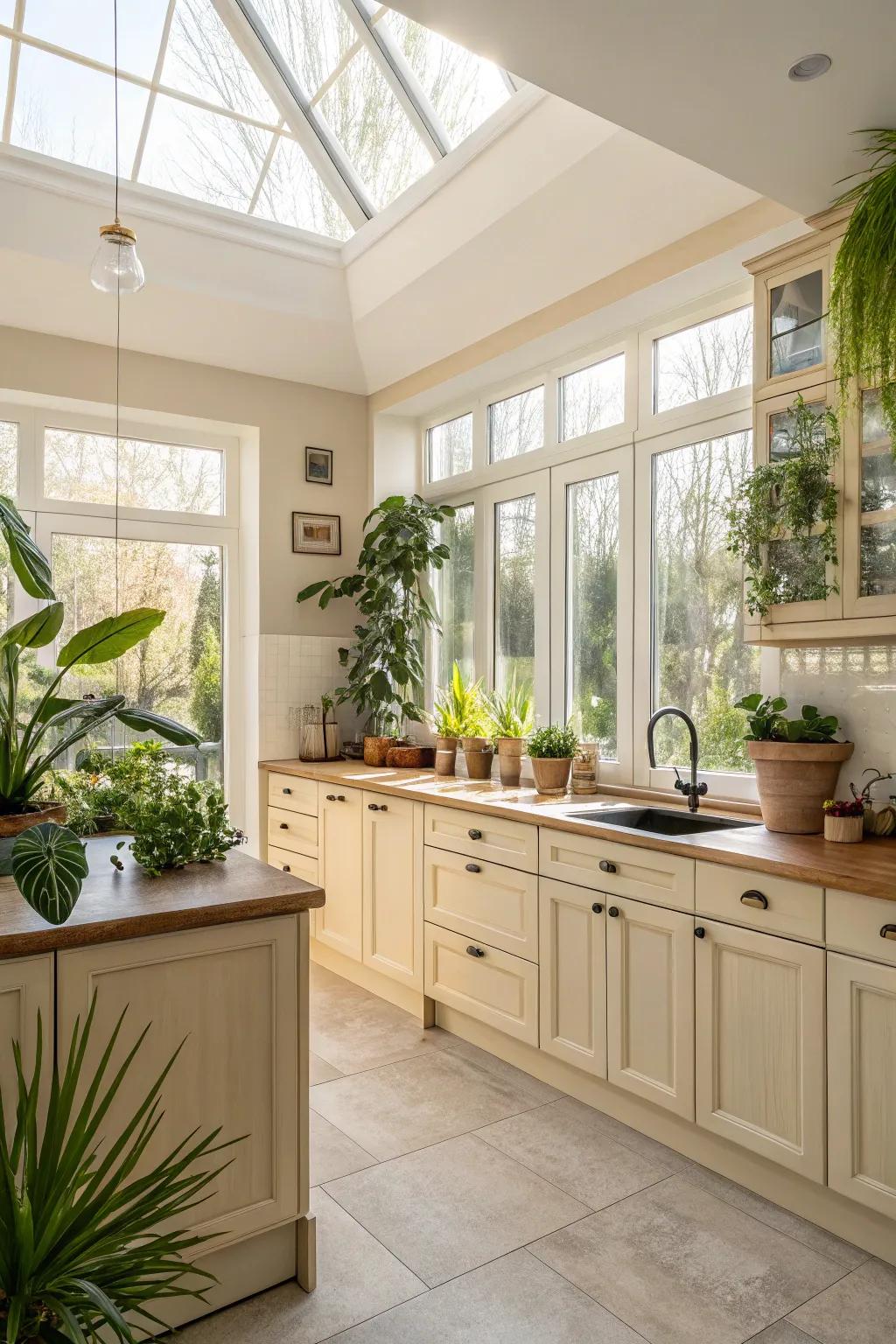 Natural light and greenery brighten up beige cabinets.