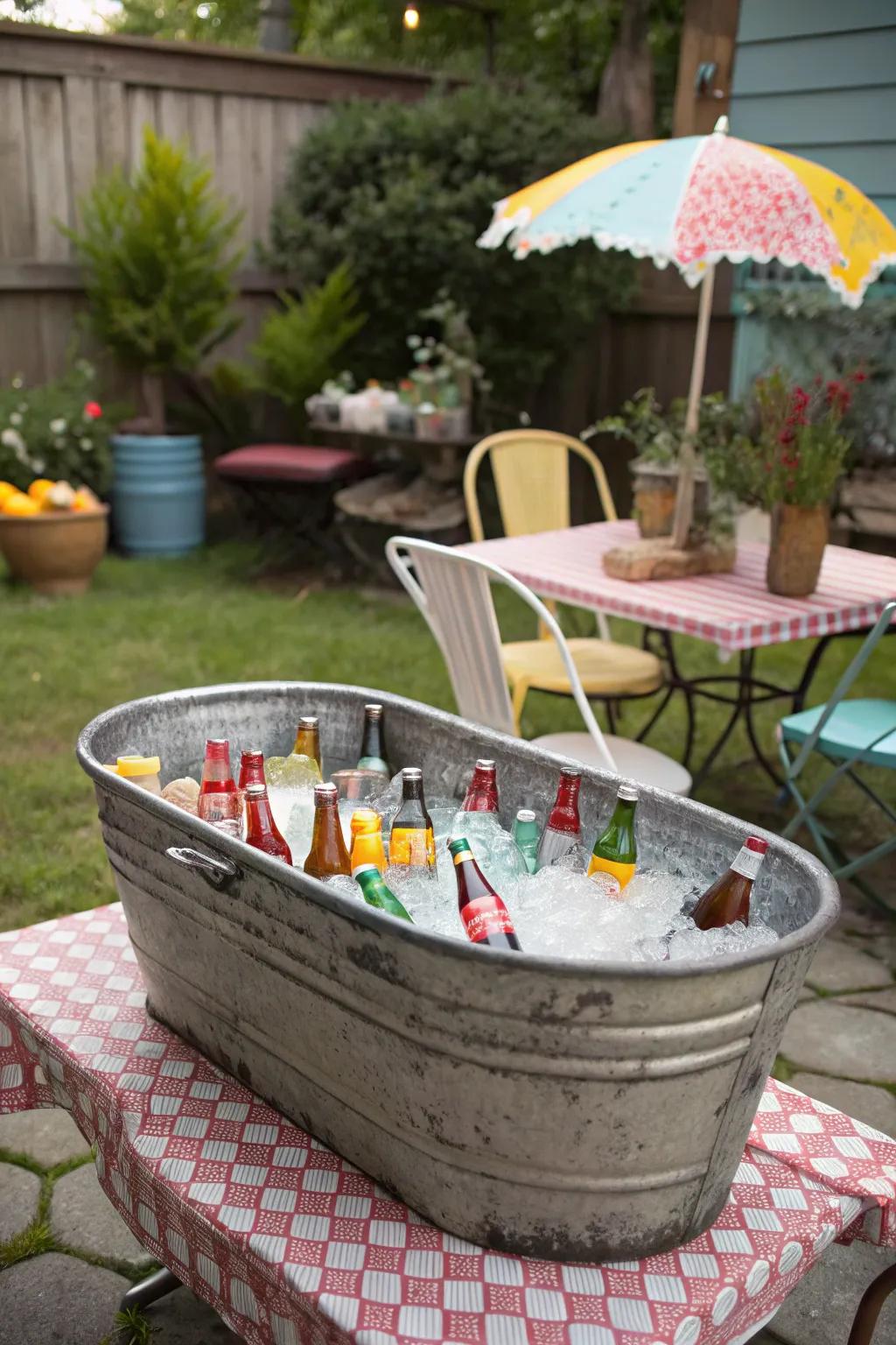 A vintage tub repurposed into a stylish beverage holder.