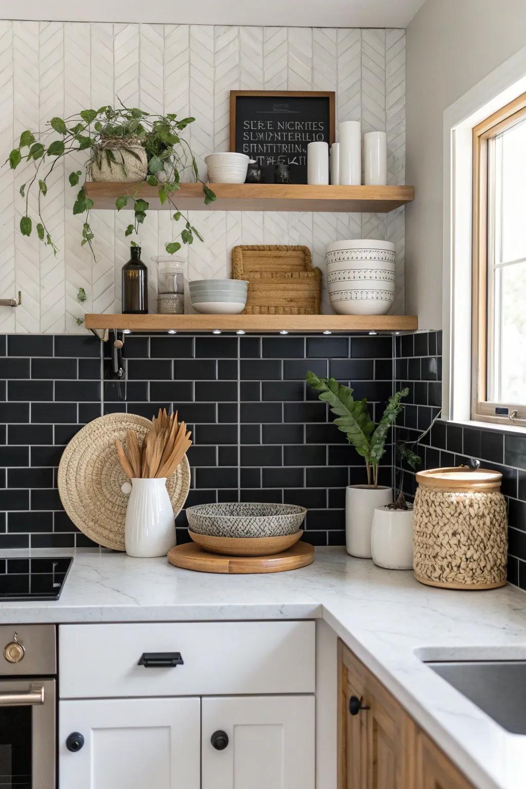 Transform your kitchen with an artful accent wall, where simplicity meets striking elegance.