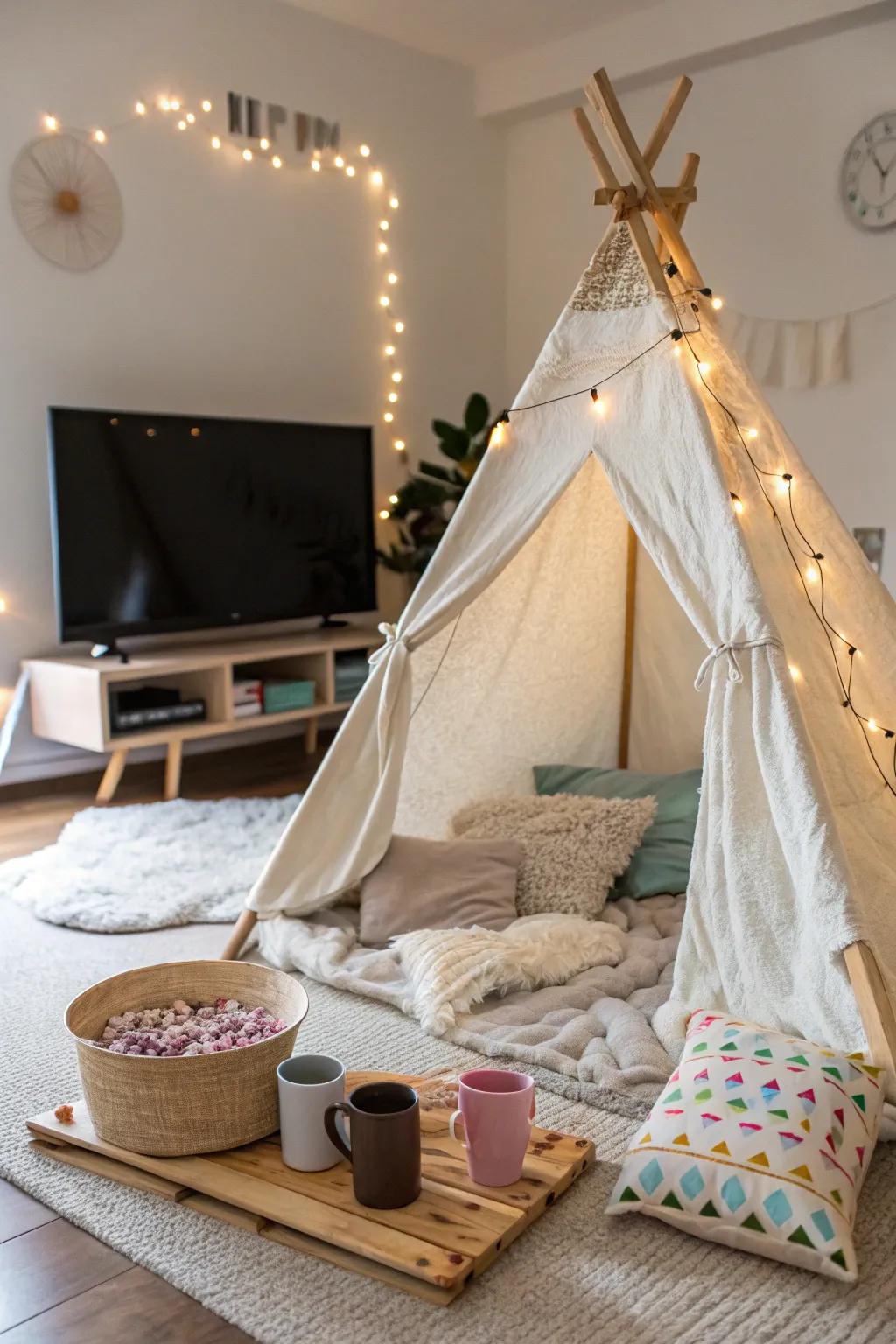 Create your ultimate Movie Night Haven with a cozy, minimalist blanket fort and all your favorite comforts!