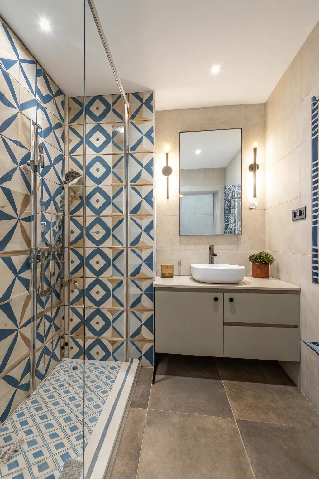Add intrigue with geometric tiles in your bathroom.