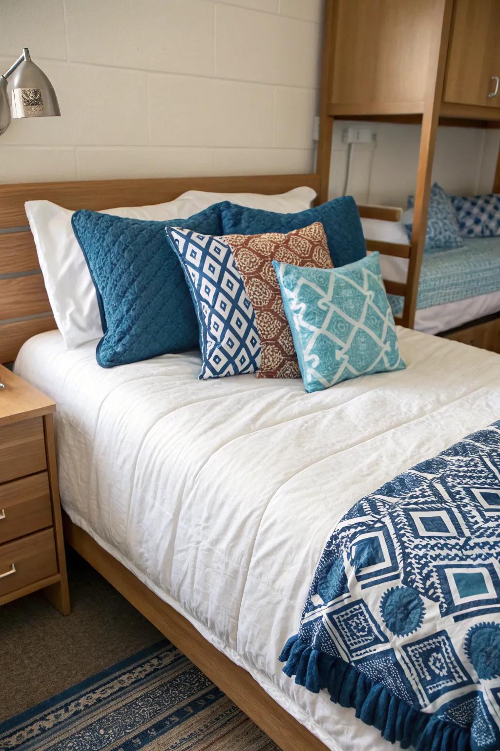 Blue throw pillows provide comfort and style.