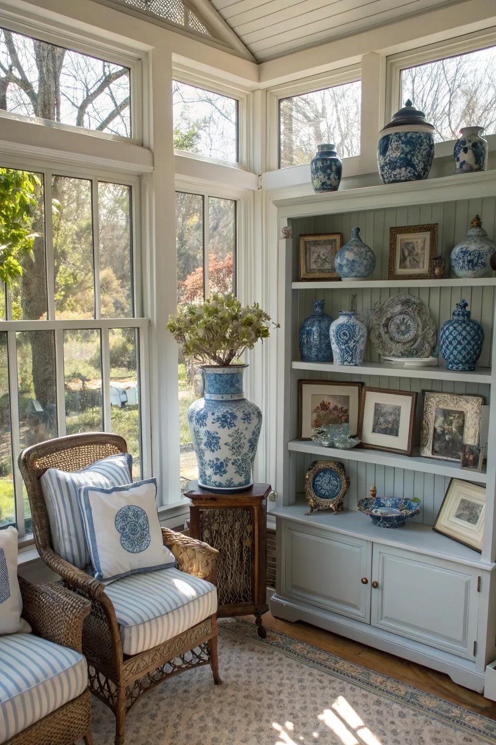 Vintage blue accents add historical charm.