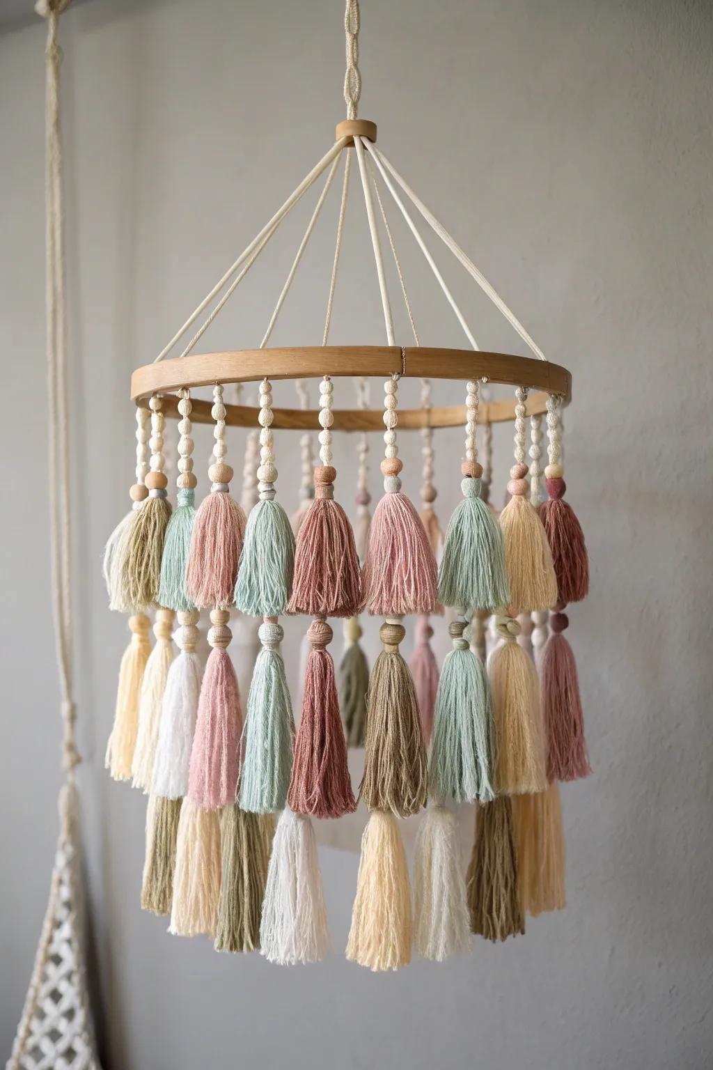 Brighten your space with a handcrafted boho tassel chandelier, blending simplicity with a splash of color.