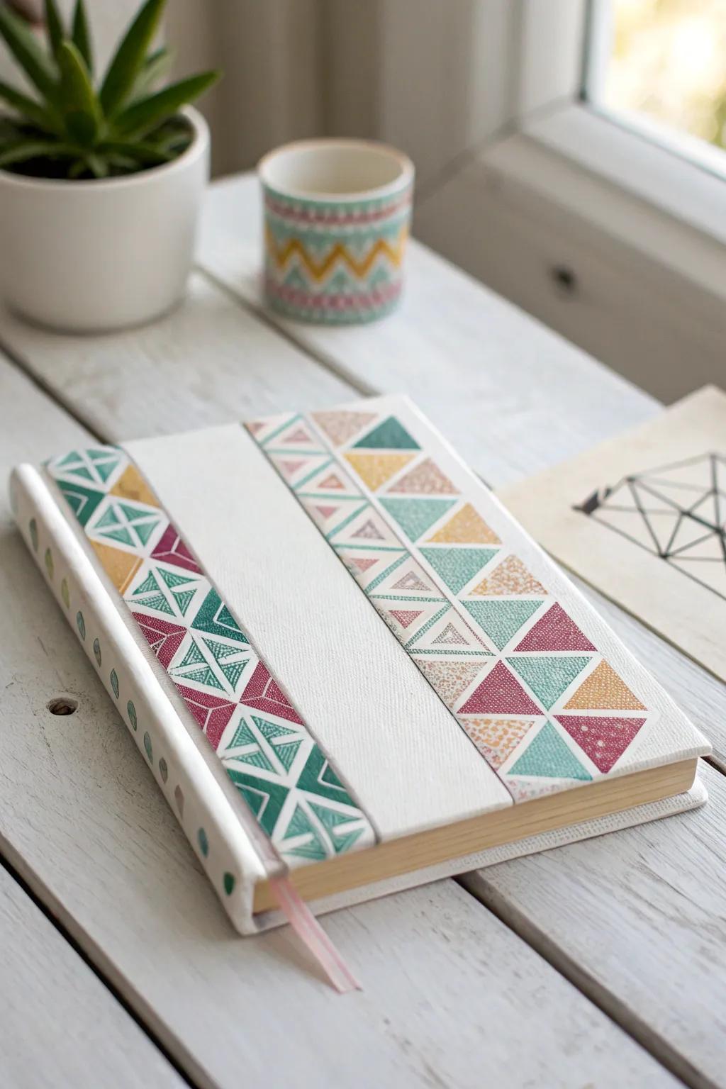 Transform your book covers with a touch of geometric elegance using washi tape. Unleash endless creativity with this simple yet stunning DIY idea!