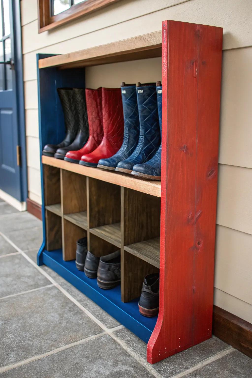 Transform your boot storage into a vibrant masterpiece with colorful shelving that showcases craftsmanship and style.