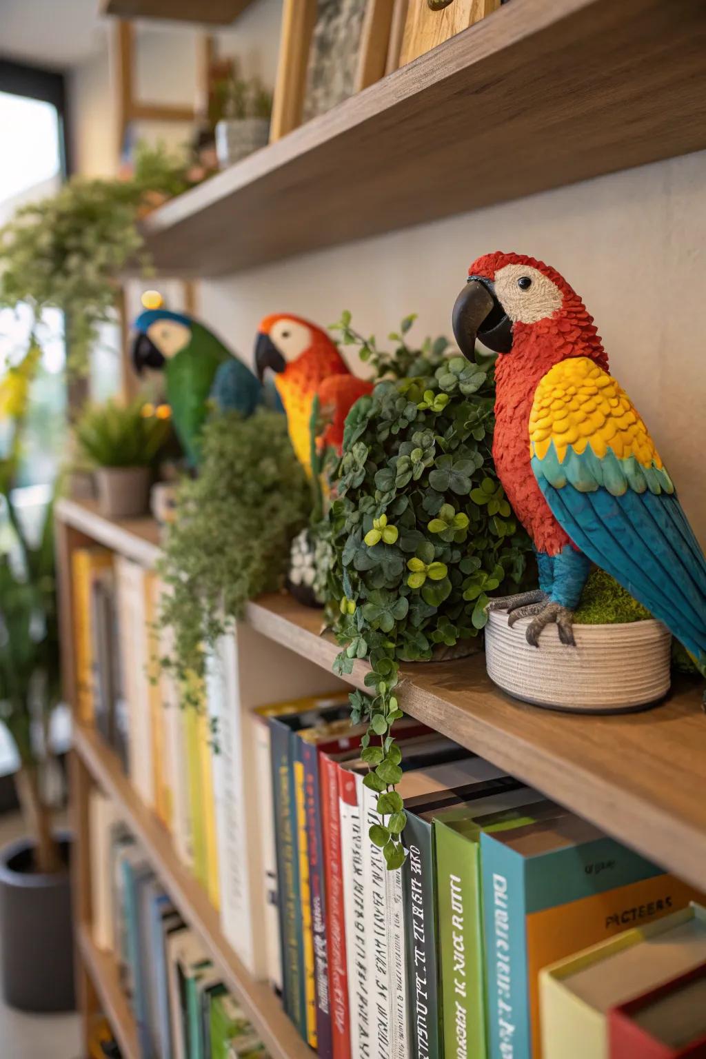 Whimsical parrot figurines bring a playful touch to this decorative shelf.