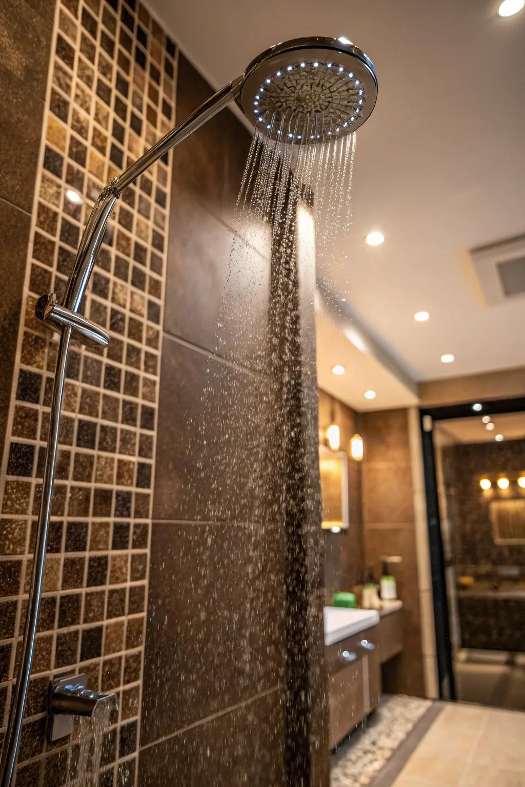 Lighting plays a crucial role in showcasing the beauty of brown tiles.