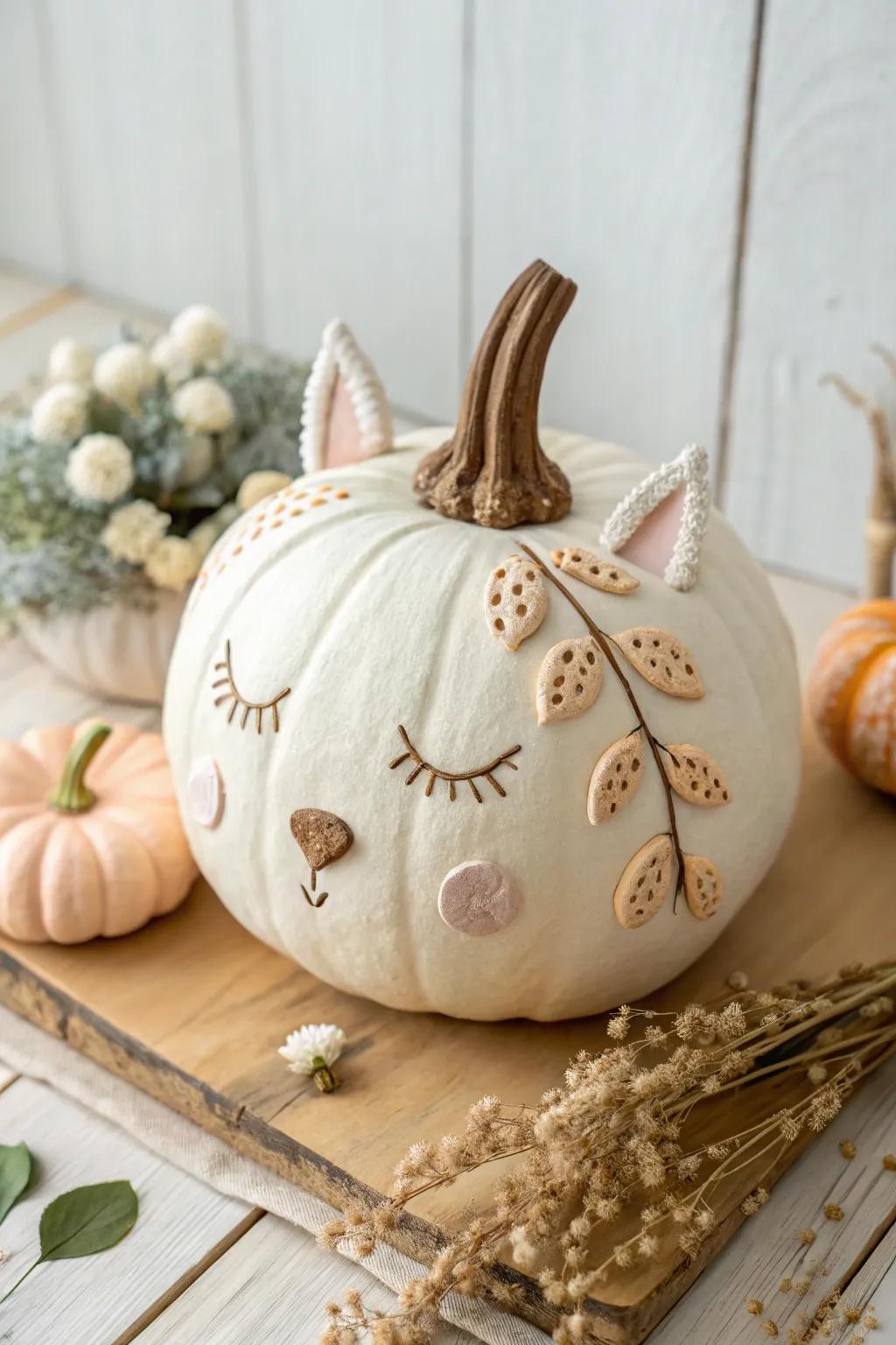 Transform your pumpkin into a charming clay creation with minimalist elegance.