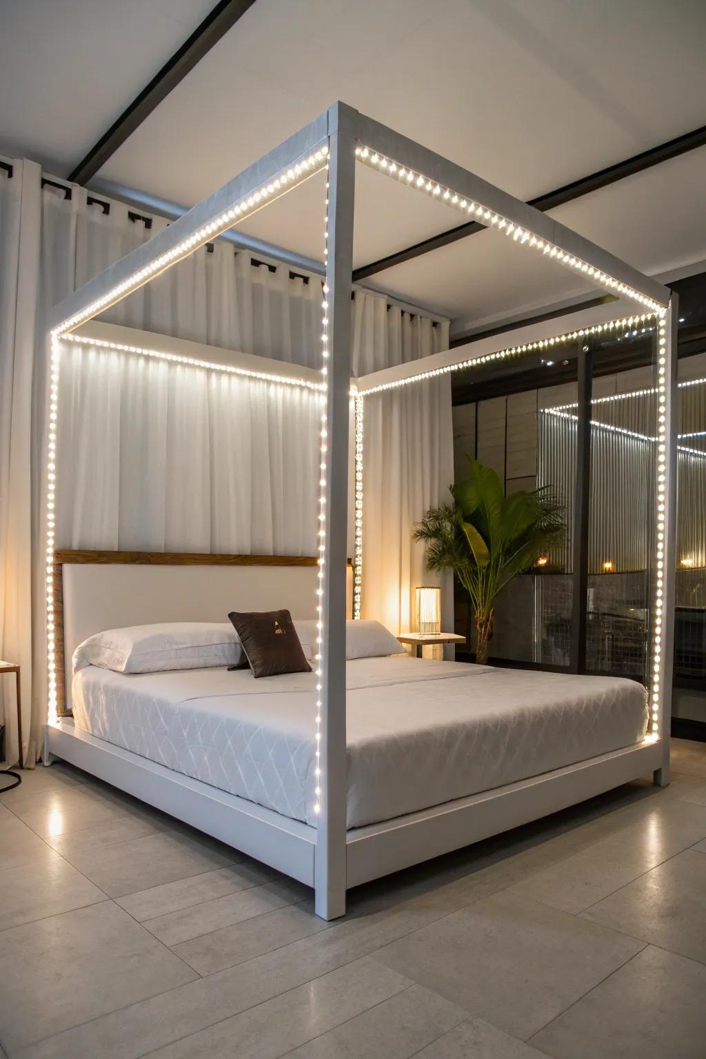 LED strips offer a minimalist elegance to your canopy bed.