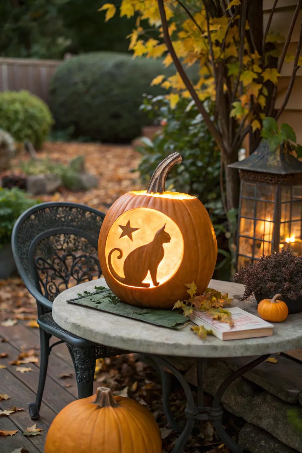 Add a mystical touch with a moonlit cat pumpkin.
