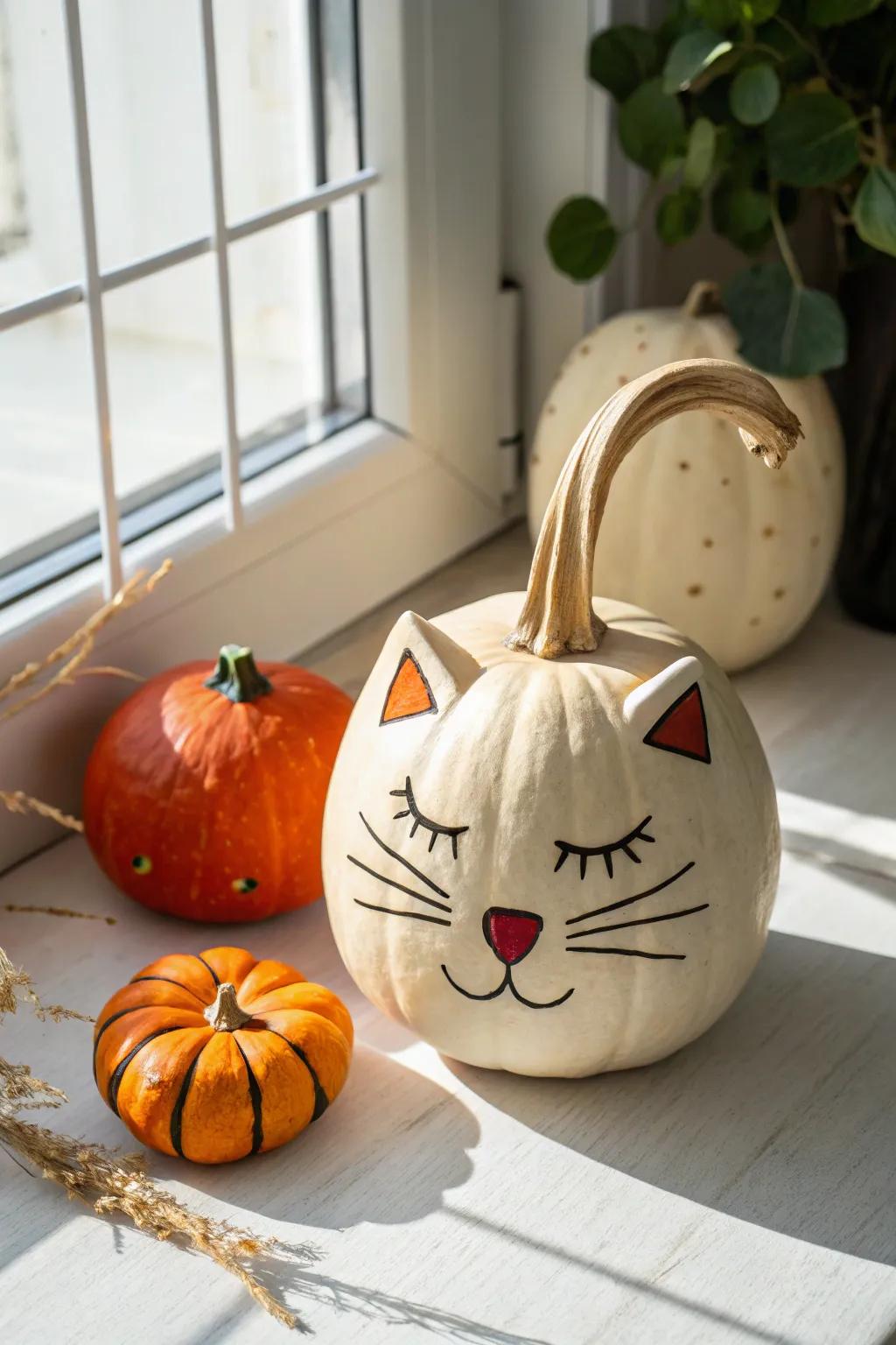 Transform your pumpkin into a whimsical cat with a gourd tail for a touch of playful elegance.