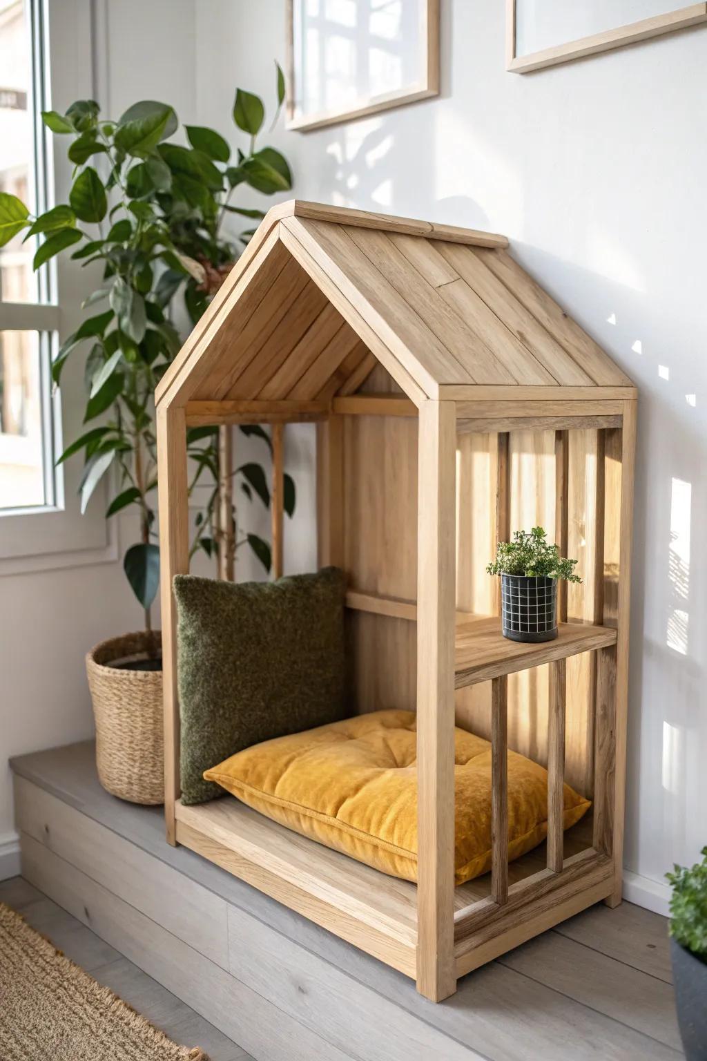 A serene escape for your feline friend, blending minimalist design with cozy charm.