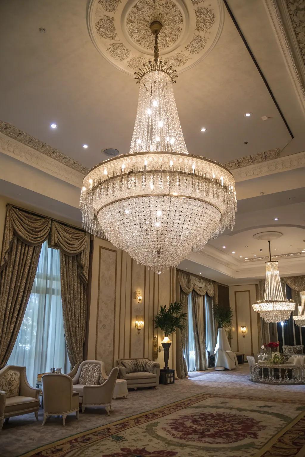 A glamorous room illuminated by a dazzling crystal chandelier.