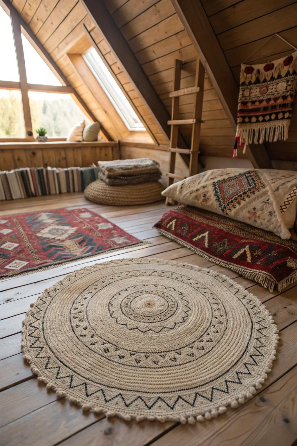 Elevate your attic's charm with the art of rug layering—where warmth meets craftsmanship.