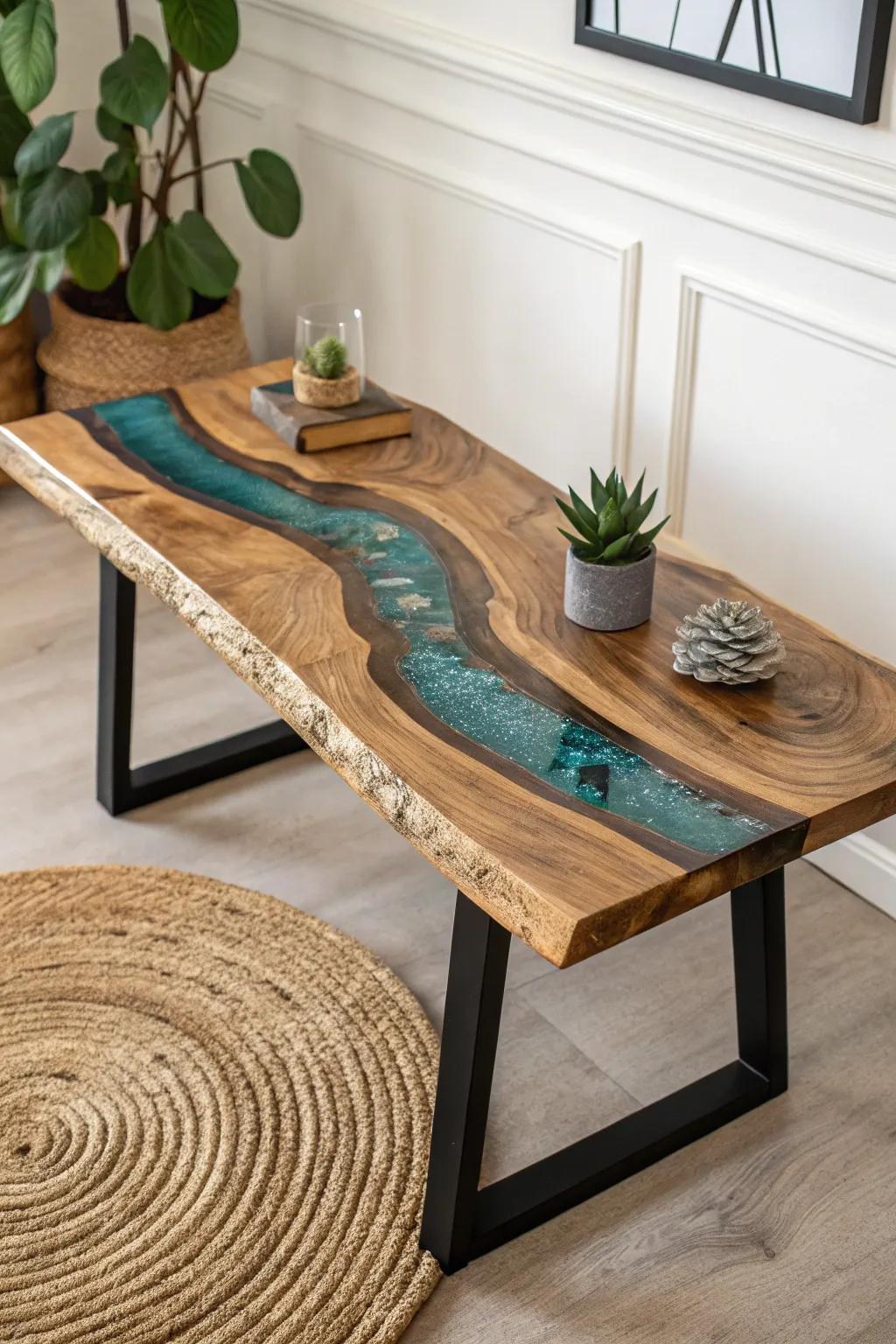 Transform your space with the stunning elegance of an epoxy river table – a perfect blend of nature and artistry.