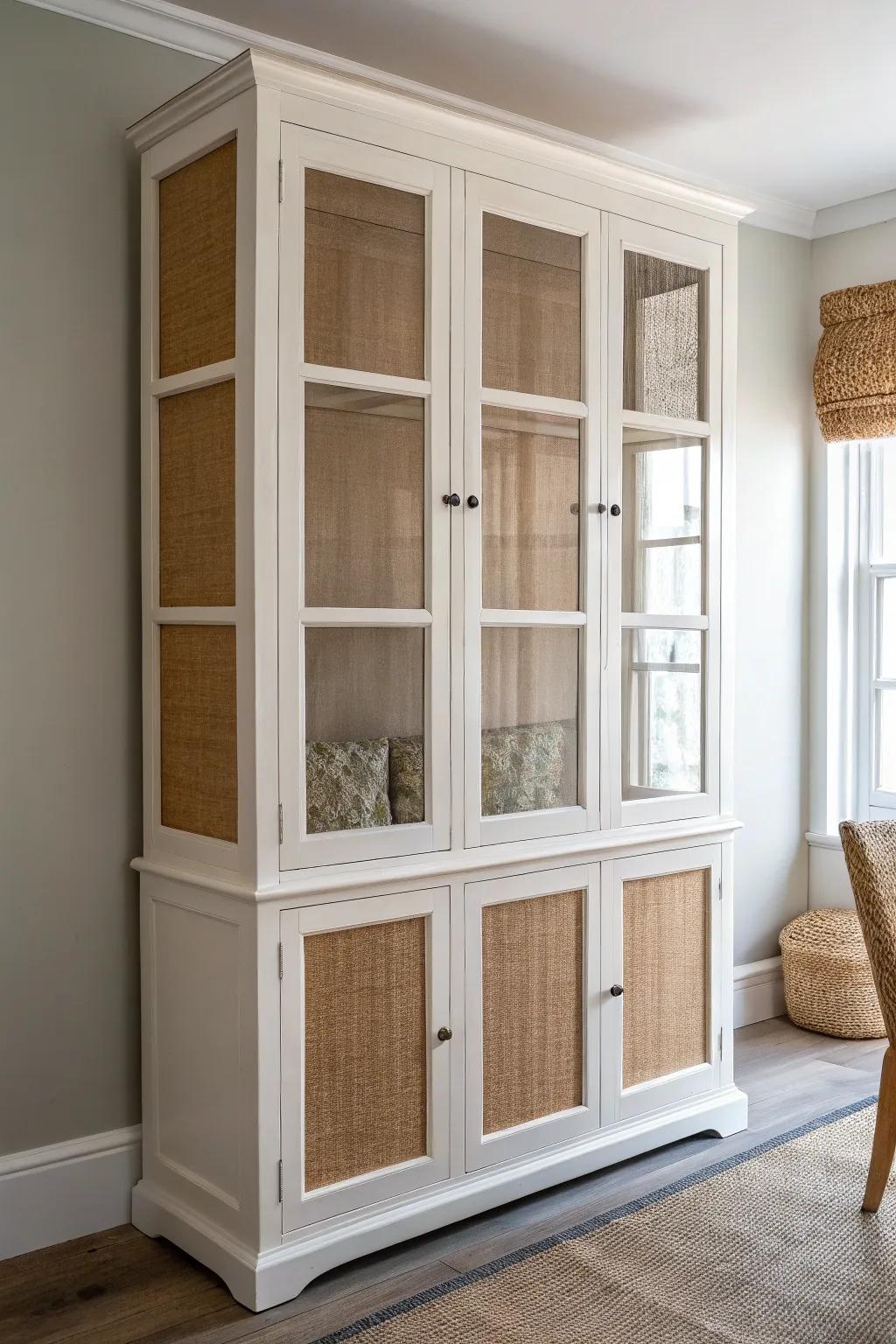 Transform your space with a touch of warmth: swap glass for burlap in your china cabinet makeover!