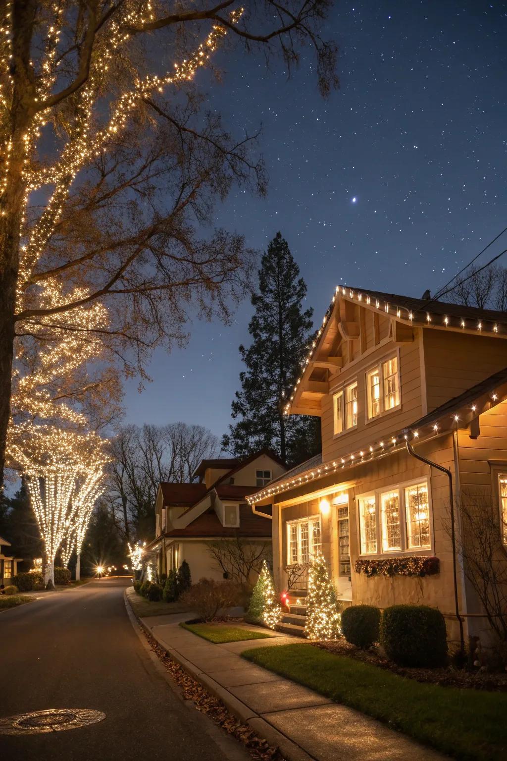 A home's exterior beautifully lit for the holiday season.