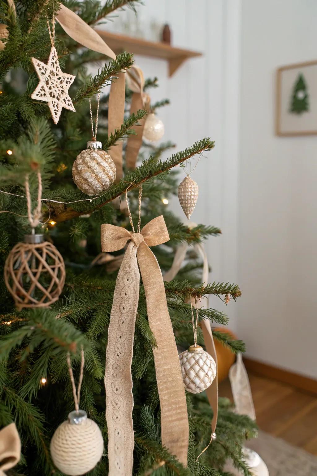 Recycled fabric ribbons add an eco-friendly and unique touch to the Christmas tree.