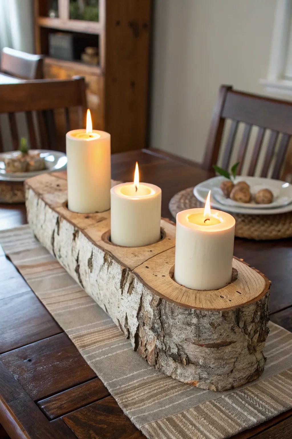 Add rustic elegance to your holiday table with this handcrafted birch wood candle holder centerpiece.
