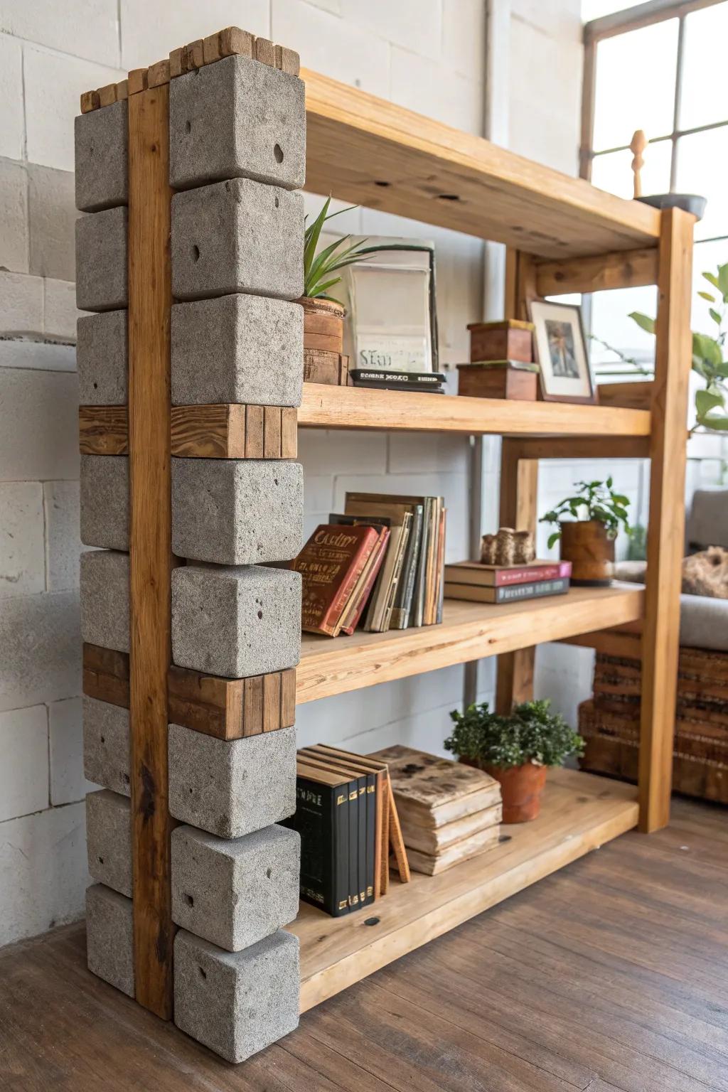Transform raw materials into a stunning, functional masterpiece with this cinder block bookshelf idea.