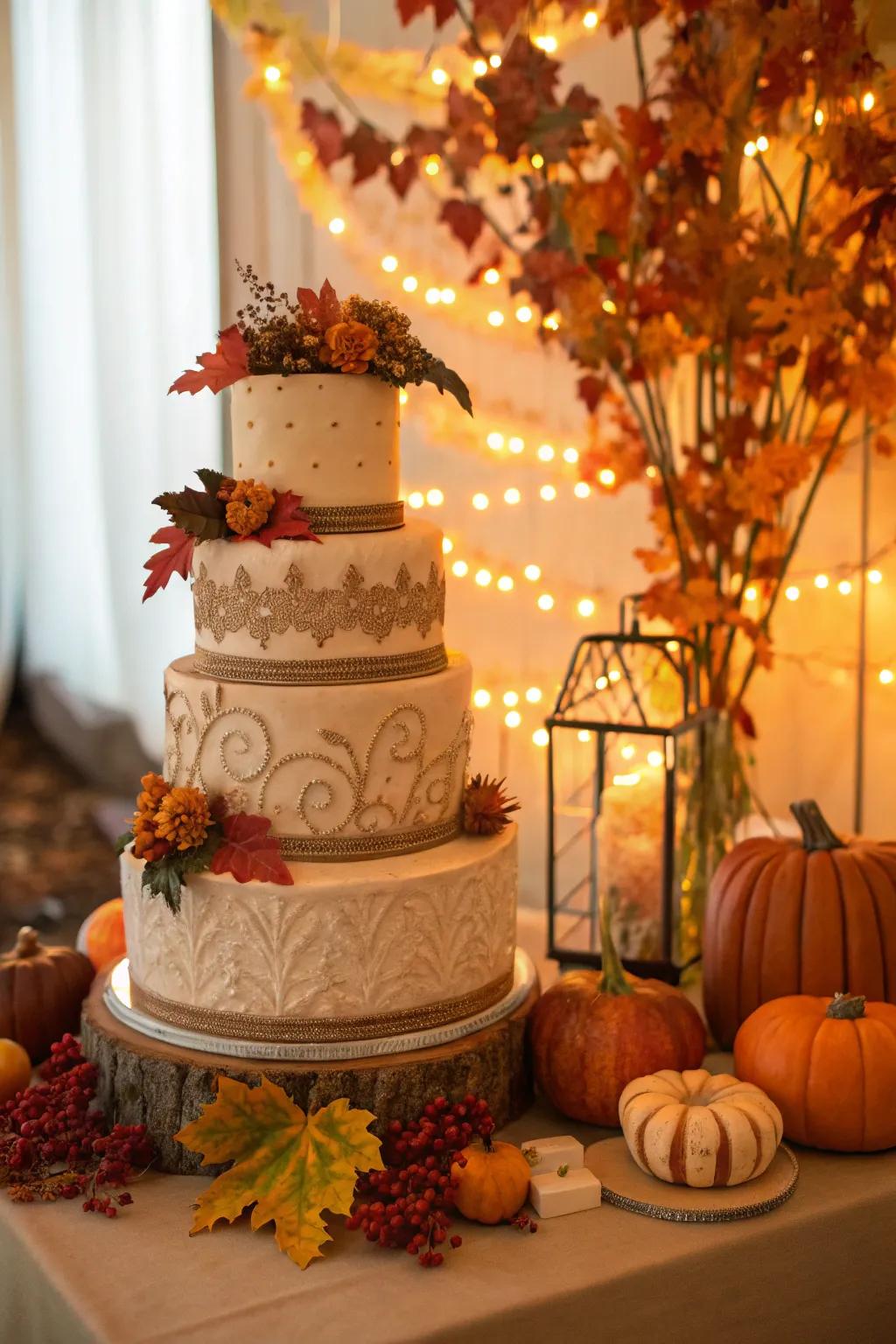 A cake with subdued earthy tones offers a rich autumnal palette.
