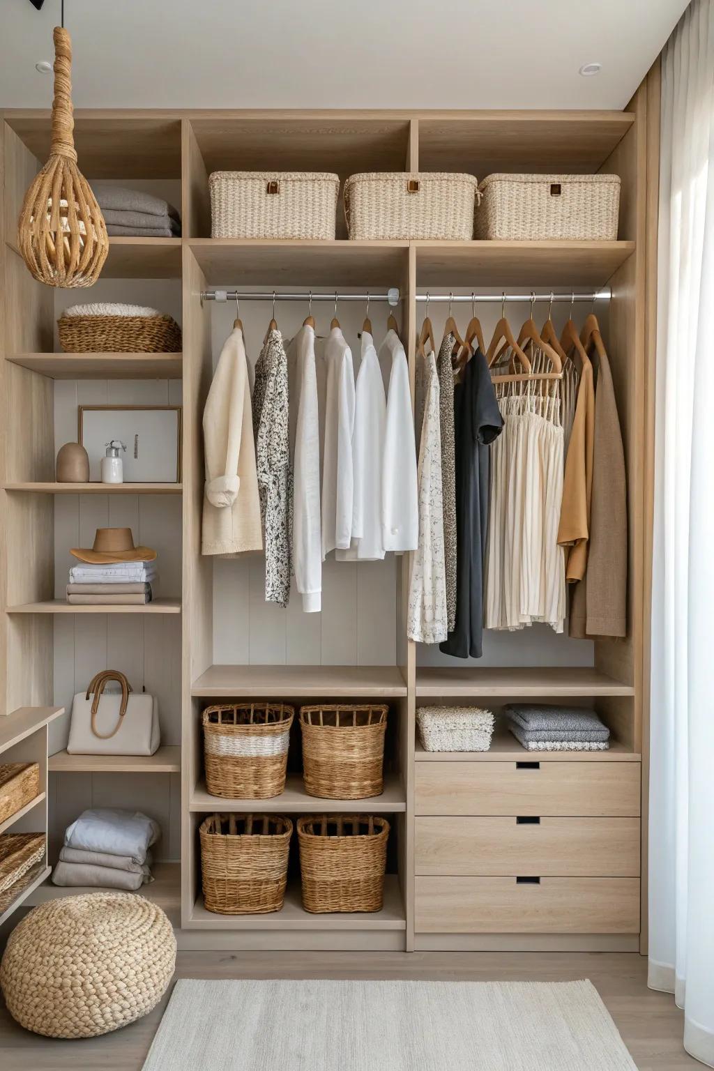 Maximize your closet space with chic multi-level hanging rods, blending minimalist elegance with boho charm.