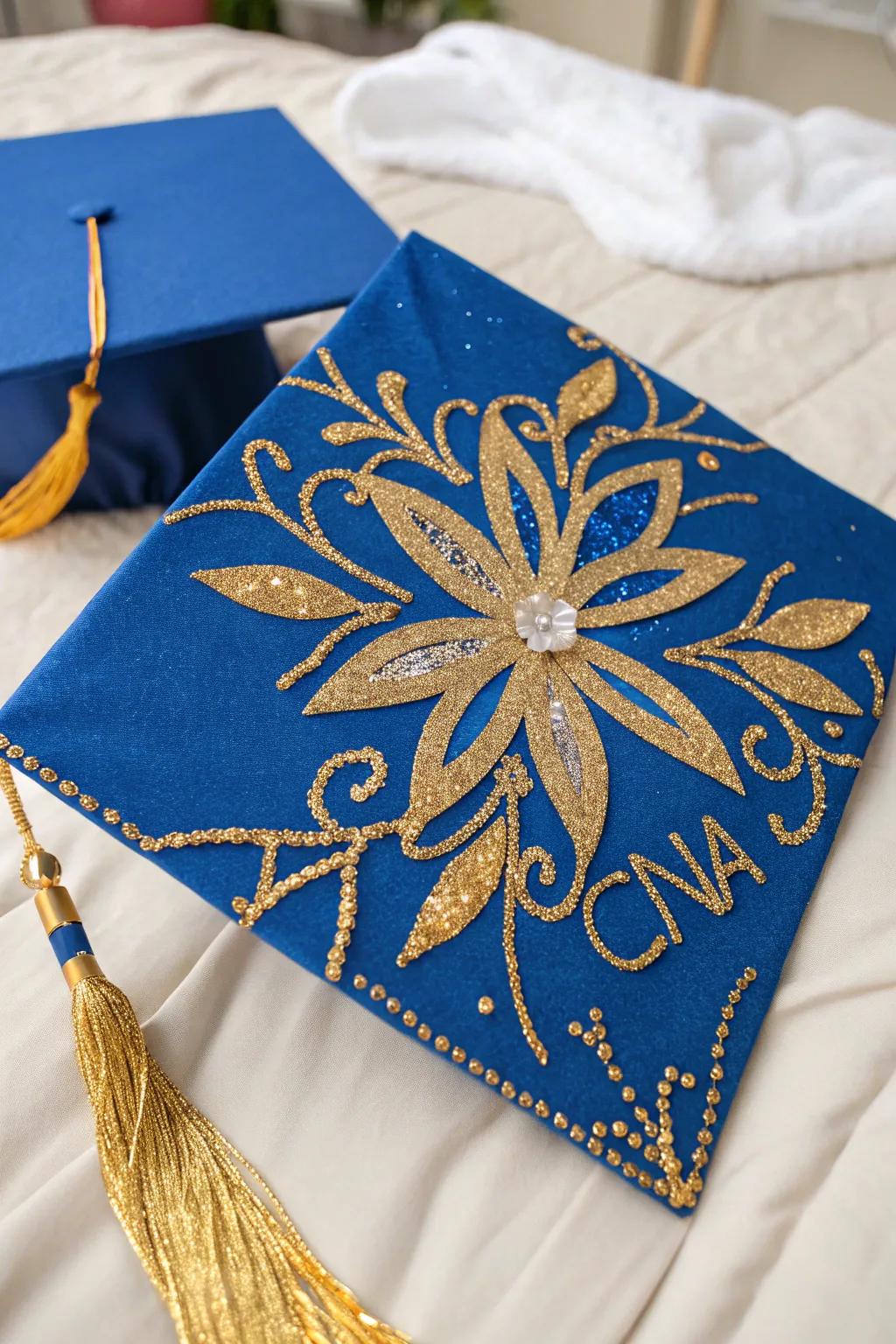 Celebrate your achievement with a beautifully crafted graduation cap in bold blue and gold hues, perfect for a touch of boho elegance.