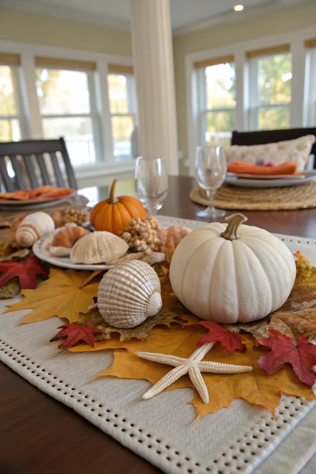 Seashells add a coastal touch to fall dining.