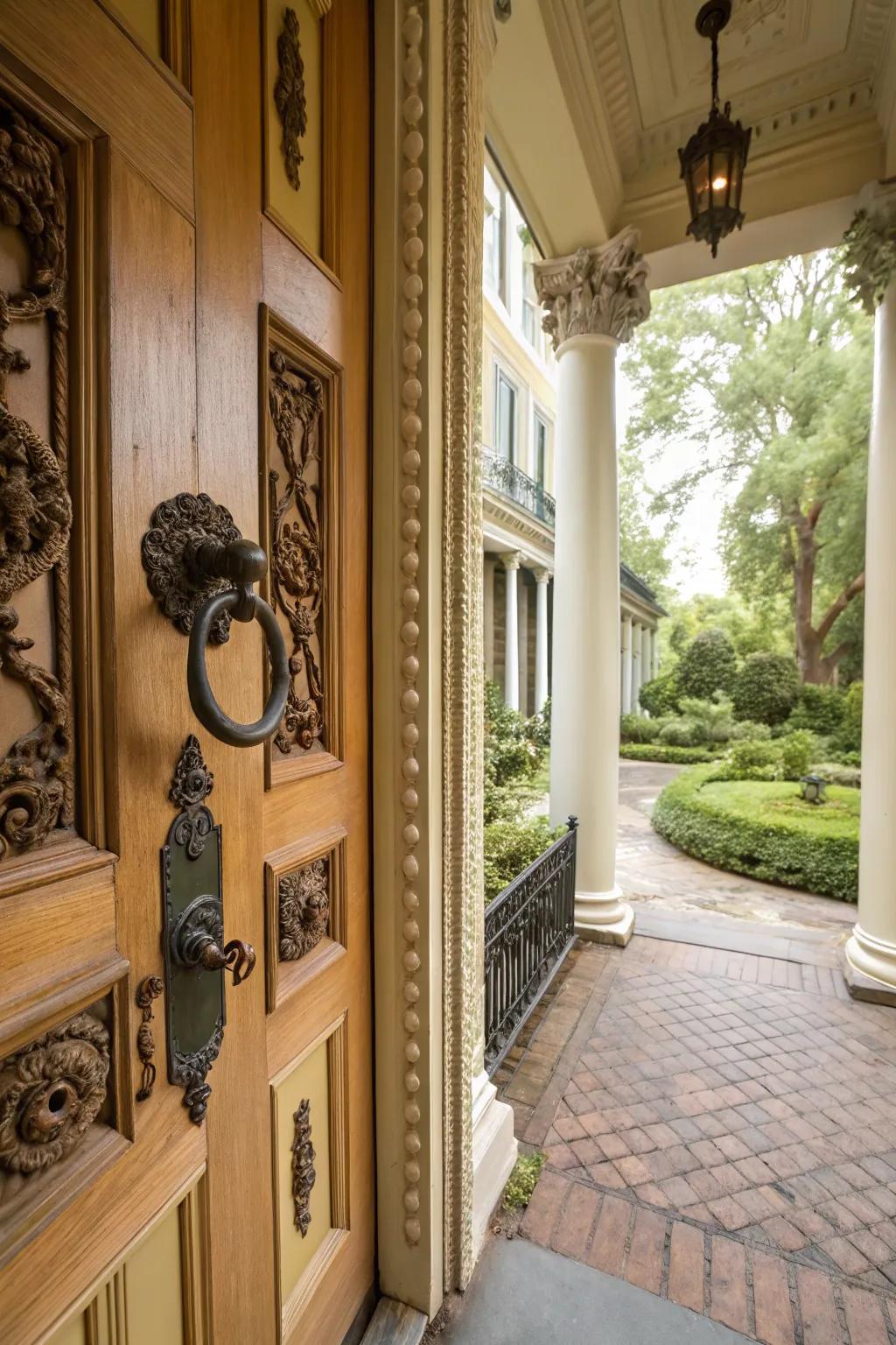 Wrought iron details add historic charm and elegance to colonial front doors.
