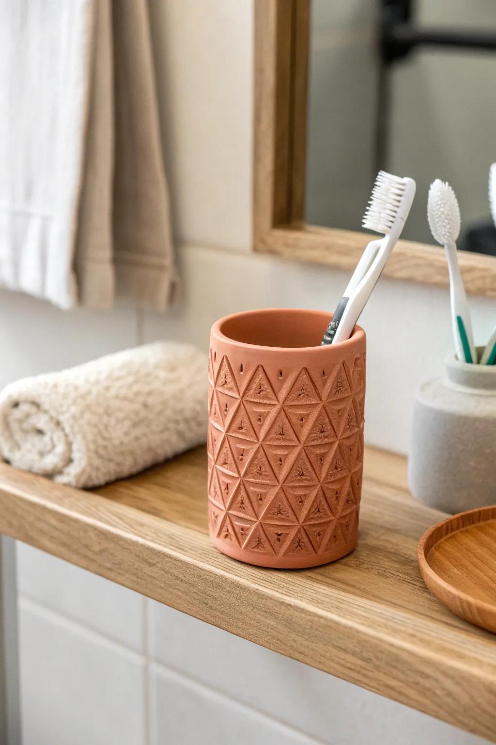Elevate your bathroom decor with this chic 3D-printed toothbrush holder, where minimalist design meets functional elegance.